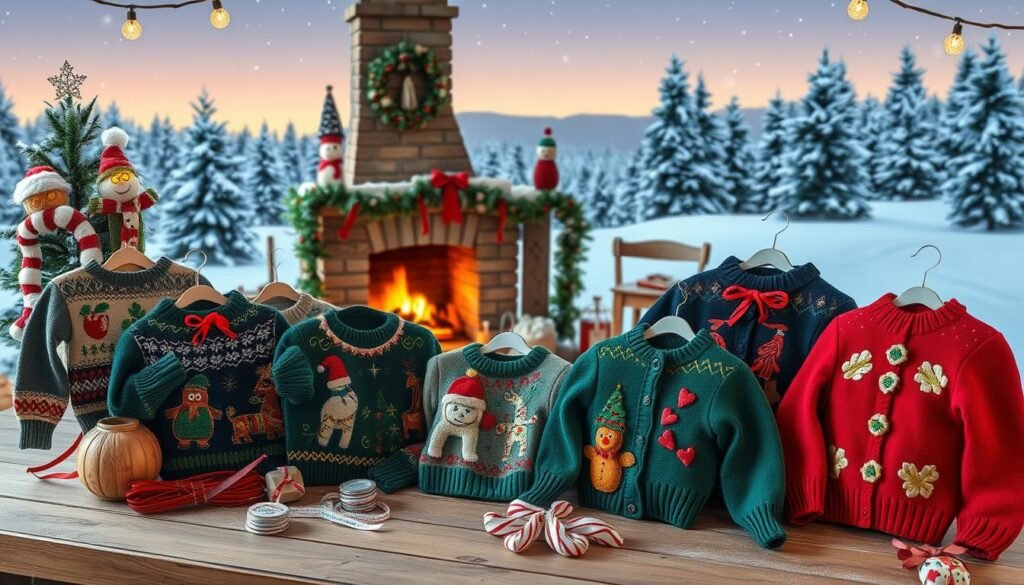 A cozy winter scene, showcasing an array of unique, handcrafted holiday sweater crafts. In the foreground, a collection of festive sweater pieces, adorned with intricate patterns, embroidery, and playful appliques. Arranged artfully on a wooden surface, the sweaters are accompanied by sewing supplies, ribbons, and holiday trimmings. The middle ground features a rustic, country-style fireplace, its warm glow casting a soft, inviting light across the scene. In the background, a snow-covered landscape, with evergreen trees and a starry, twilight sky, creating a peaceful, serene atmosphere. The overall mood is one of homespun charm, creativity, and the joy of holiday crafting.