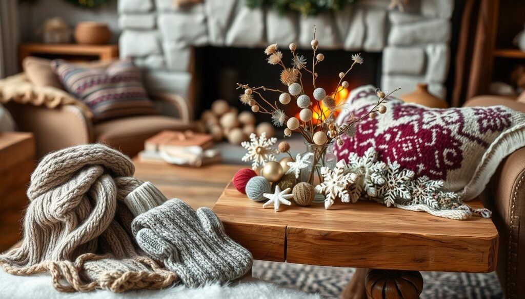 A cozy winter scene showcasing an array of upcycled sweater crafts. In the foreground, a hand-knitted scarf, mittens, and a plush throw pillow made from repurposed sweater fabric. The middle ground features a rustic wooden table with a centerpiece of handcrafted winter decorations - snowflakes, ornaments, and a vase filled with dried flowers, all sewn from upcycled sweater material. The background depicts a warm, softly lit living room with a crackling fireplace, lending a comforting ambiance to the scene. Soft, natural lighting casts a gentle glow over the handmade crafts, highlighting their unique textures and patterns. The overall mood is one of coziness, creativity, and a touch of holiday cheer. A cozy winter scene showcasing an array of upcycled sweater crafts. In the foreground, a hand-knitted scarf, mittens, and a plush throw pillow made from repurposed sweater fabric. The middle ground features a rustic wooden table with a centerpiece of handcrafted winter decorations - snowflakes, ornaments, and a vase filled with dried flowers, all sewn from upcycled sweater material. The background depicts a warm, softly lit living room with a crackling fireplace, lending a comforting ambiance to the scene. Soft, natural lighting casts a gentle glow over the handmade crafts, highlighting their unique textures and patterns. The overall mood is one of coziness, creativity, and a touch of holiday cheer.