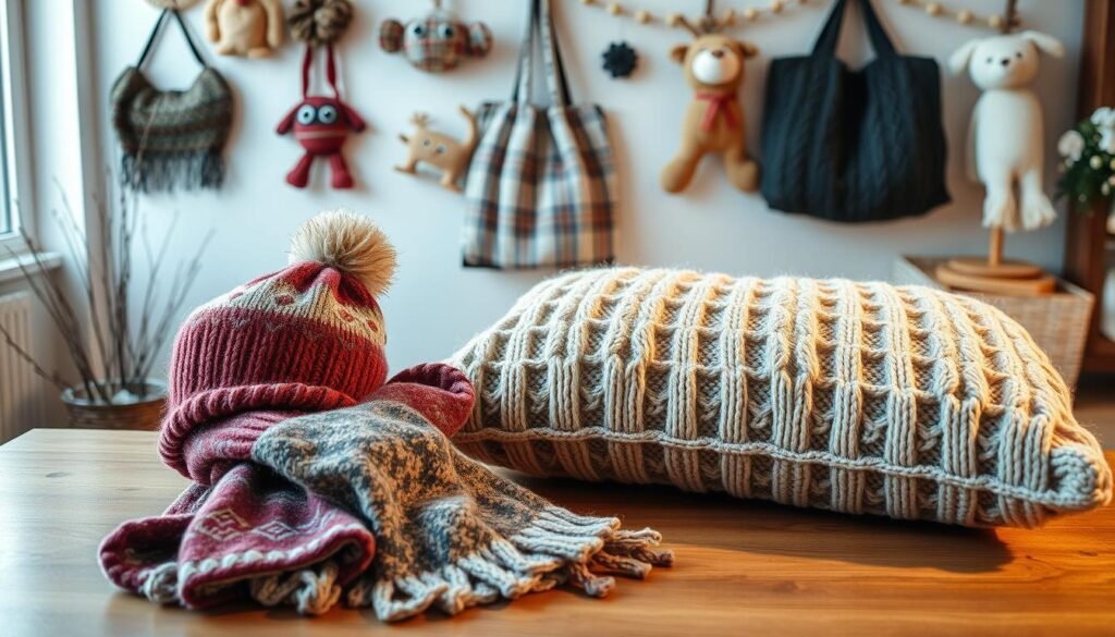 A cozy winter scene showcasing an array of upcycled sweater projects. In the foreground, a stylish knitted scarf, mittens, and a pom-pom hat sit atop a wooden table, their textures and patterns creating a tactile, handmade aesthetic. In the middle ground, a neatly folded sweater has been transformed into a plush, oversized pillow, its soft, cable-knit fabric inviting touch. Behind it, a wall-mounted display features a collection of creative sweater crafts, including a whimsical tote bag, a plush stuffed animal, and a decorative garland, all expertly crafted from repurposed knitwear. The scene is bathed in a warm, diffused light, evoking a cozy, homespun atmosphere perfect for showcasing these unique, one-of-a-kind winter masterpieces.