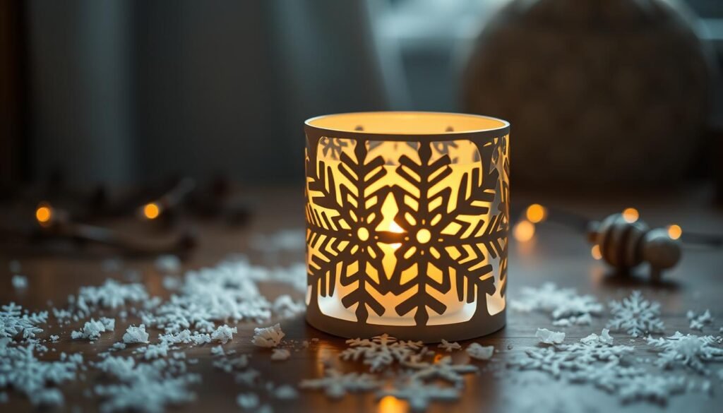 A cozy winter scene with a delicate, handcrafted candle holder made of intricate snowflake-shaped cutouts, casting a soft, warm glow. The holder is placed on a wooden surface, surrounded by a scattering of natural, crystalline snowflakes. The lighting is atmospheric, with a subtle, diffused illumination that creates a serene, inviting ambiance. The overall composition exudes a sense of winter wonder and a touch of rustic charm, perfectly capturing the essence of a charming DIY winter decor piece.