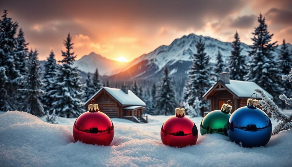 A cozy winter scene with a harmonious palette of deep, muted tones. In the foreground, a selection of holiday ornaments in jewel-toned hues - ruby red, emerald green, and sapphire blue - resting on a bed of fresh snow. The middle ground features a log cabin nestled among frosted pine trees, their branches dusted with a hint of glittering frost. In the background, a majestic mountain range rises, its peaks capped with pristine white snow, bathed in the warm glow of a setting sun peeking through the clouds. The overall mood is one of tranquility and natural beauty, capturing the essence of a serene winter wonderland.