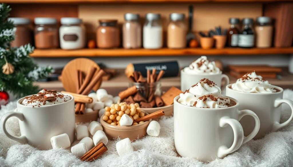 A cozy winter scene with an arrangement of delectable hot chocolate recipes. In the foreground, a display of tempting mugs filled with rich, creamy hot cocoa, topped with fluffy whipped cream, crushed peppermint, and chocolate shavings. In the middle ground, a selection of enticing ingredients, such as cinnamon sticks, marshmallows, and grated nutmeg, inviting the viewer to customize their perfect cup. The background depicts a warm, rustic kitchen setting, with wooden shelves stocked with jars of cocoa powder, vanilla extract, and other baking essentials. Soft, diffused lighting casts a gentle glow, creating a welcoming and inviting atmosphere, perfect for a cozy winter gathering.