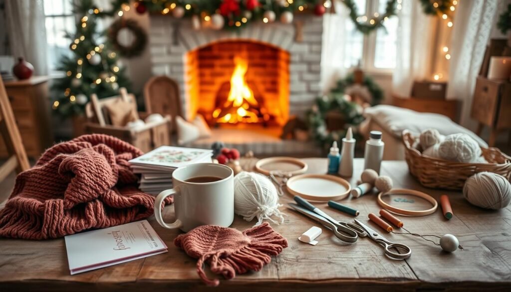 A cozy winter scene with an array of handmade crafts laid out on a rustic wooden table. In the foreground, a knitted scarf, mittens, and a mug of hot cocoa sit beside a stack of holiday cards and a decorative wreath. The middle ground features a variety of craft supplies - yarn, scissors, glue, and embroidery hoops. In the background, a crackling fireplace casts a warm glow, with garlands and twinkling lights adding to the festive atmosphere. Soft natural lighting filters through lace curtains, creating a dreamy, intimate mood. An inviting and tactile representation of winter DIY crafts for adults. A cozy winter scene with an array of handmade crafts laid out on a rustic wooden table. In the foreground, a knitted scarf, mittens, and a mug of hot cocoa sit beside a stack of holiday cards and a decorative wreath. The middle ground features a variety of craft supplies - yarn, scissors, glue, and embroidery hoops. In the background, a crackling fireplace casts a warm glow, with garlands and twinkling lights adding to the festive atmosphere. Soft natural lighting filters through lace curtains, creating a dreamy, intimate mood. An inviting and tactile representation of winter DIY crafts for adults.