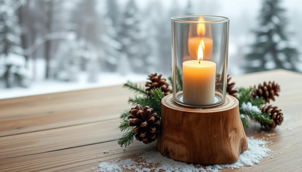 A cozy winter-themed candle holder crafted from natural materials, sitting on a wooden surface. In the foreground, a hand-carved wooden base supports a glass hurricane-style candle holder, its flickering flame casting a warm glow. The middle ground features an arrangement of pinecones, sprigs of evergreen, and a sprinkling of snow, creating a rustic, festive tableau. The background depicts a tranquil winter landscape, with snow-covered trees and a hazy, soft-focus effect, conveying a sense of serene, intimate atmosphere. Soft, diffused lighting illuminates the scene, enhancing the tactile, handmade quality of the craft.