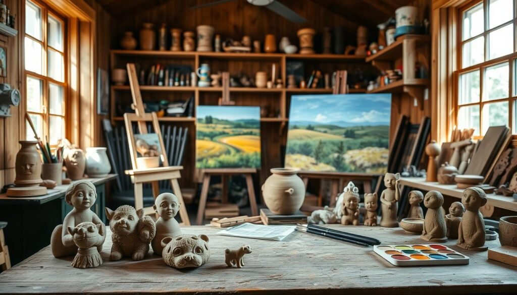 A cozy wood-paneled studio with natural light streaming in, showcasing an array of handcrafted projects. In the foreground, a set of carefully sculpted clay figurines, each with unique textures and expressions. Nearby, an easel displays a vibrant painting of a pastoral landscape, the brushstrokes evoking a sense of movement and emotion. In the middle ground, a workbench holds an assortment of woodworking tools, half-finished carvings, and a palette of rich, earthy paint colors. The background features shelves lined with an eclectic collection of artistic supplies, hinting at the boundless creativity within this inspiring space.