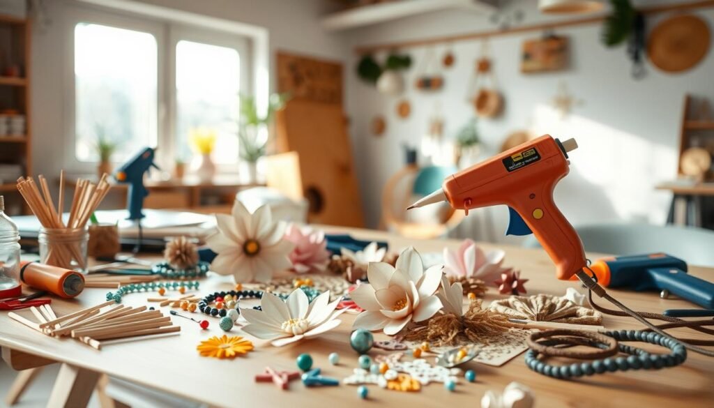A crafting table with an array of hot glue guns, sticks, and various DIY supplies in the foreground. In the middle ground, intricate paper flowers, beaded decorations, and a collage of textured materials are being carefully assembled with the hot glue. The background features a bright, airy studio space with natural lighting streaming in, creating a warm and inspiring atmosphere for this hands-on crafting session. The overall scene conveys a sense of creativity, focus, and the tactile joy of working with hot glue to bring unique DIY projects to life. A crafting table with an array of hot glue guns, sticks, and various DIY supplies in the foreground. In the middle ground, intricate paper flowers, beaded decorations, and a collage of textured materials are being carefully assembled with the hot glue. The background features a bright, airy studio space with natural lighting streaming in, creating a warm and inspiring atmosphere for this hands-on crafting session. The overall scene conveys a sense of creativity, focus, and the tactile joy of working with hot glue to bring unique DIY projects to life.