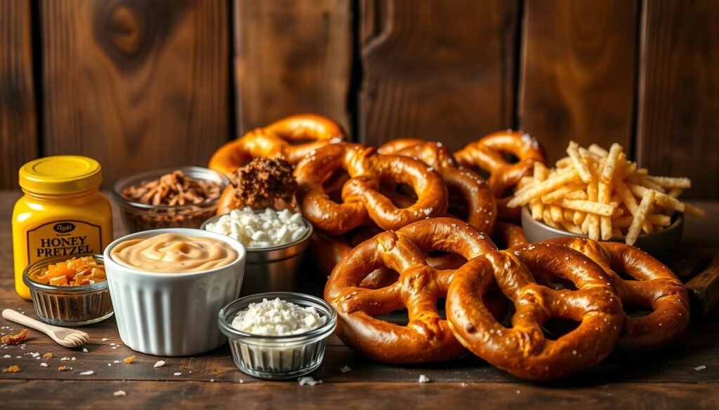 A delectable arrangement of gourmet pretzel toppings, artfully presented against a rustic wooden backdrop. In the foreground, an array of tempting condiments and garnishes - honey mustard, gourmet cheese dips, caramelized onions, and crunchy sea salt flakes. The pretzels themselves, freshly baked and golden-brown, occupy the middle ground, their twisted shapes and inviting textures beckoning the viewer. Warm lighting casts a soft, cozy glow over the scene, creating an atmosphere of indulgence and sophistication. The overall composition evokes a sense of elevated, yet approachable, culinary delights - perfect for elevating a wedding celebration with crispy, craveable snacks.