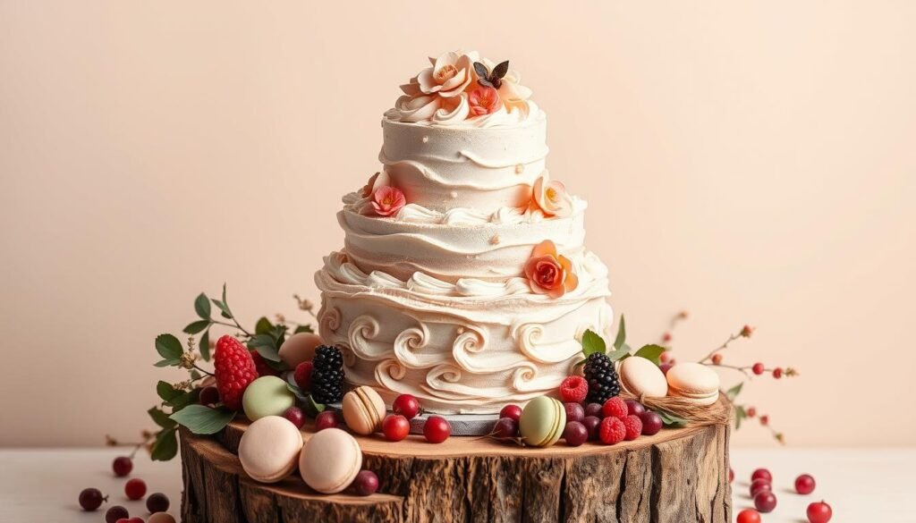 A delectable, multi-tiered birthday cake against a pastel backdrop. The cake is adorned with intricate piping, delicate fondant flowers, and shimmering metallic accents. Soft, diffused lighting illuminates the cake's elegantly textured surfaces, casting gentle shadows that accentuate its dimensional qualities. The cake is set on a rustic wood pedestal, surrounded by an array of colorful macarons, berries, and other delightful confections, creating a visually captivating still life composition. The overall mood is one of whimsical sophistication, inviting the viewer to imagine the celebration and festivities this custom cake design would inspire.