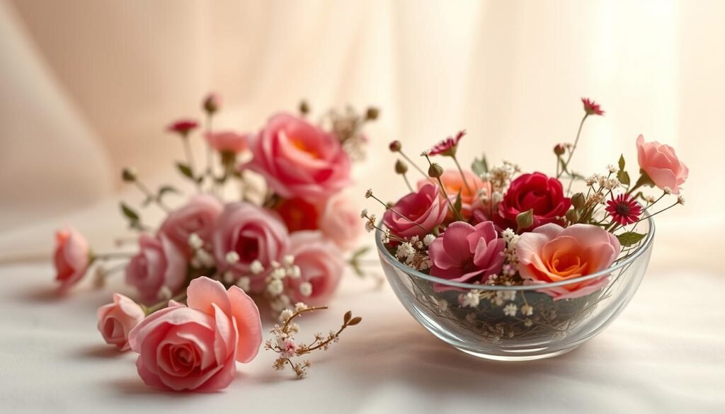 A delicate arrangement of handcrafted floral pieces, meticulously composed against a soft, ethereal background. In the foreground, an intricate display of vibrant, lifelike blooms - roses, peonies, and delicate baby's breath - artfully woven into a captivating jewelry dish. The middle ground showcases a selection of personalized, floral-inspired accessories, including a necklace with a pressed flower pendant and a pair of earrings adorned with delicate petals. Subtle, warm lighting casts a gentle glow, creating a serene and inviting atmosphere. The overall scene evokes a sense of whimsical creativity and the joy of handmade crafts.
