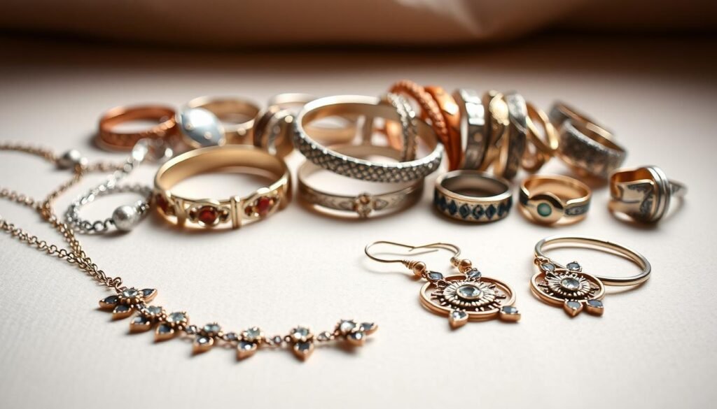 A delicate arrangement of handcrafted jewelry designs, meticulously crafted with a focus on unique, artisanal details. In the foreground, a stunning necklace with intricate metalwork and sparkling gemstones, complemented by a pair of matching earrings. In the middle ground, a collection of elegant bracelets, each with its own distinctive texture and charm. The background features a variety of rings, showcasing the versatility and creativity of the jewelry maker. The lighting is soft and warm, highlighting the natural beauty of the materials and the skilled craftsmanship. The overall mood is one of refined sophistication and a celebration of the handmade. A delicate arrangement of handcrafted jewelry designs, meticulously crafted with a focus on unique, artisanal details. In the foreground, a stunning necklace with intricate metalwork and sparkling gemstones, complemented by a pair of matching earrings. In the middle ground, a collection of elegant bracelets, each with its own distinctive texture and charm. The background features a variety of rings, showcasing the versatility and creativity of the jewelry maker. The lighting is soft and warm, highlighting the natural beauty of the materials and the skilled craftsmanship. The overall mood is one of refined sophistication and a celebration of the handmade.