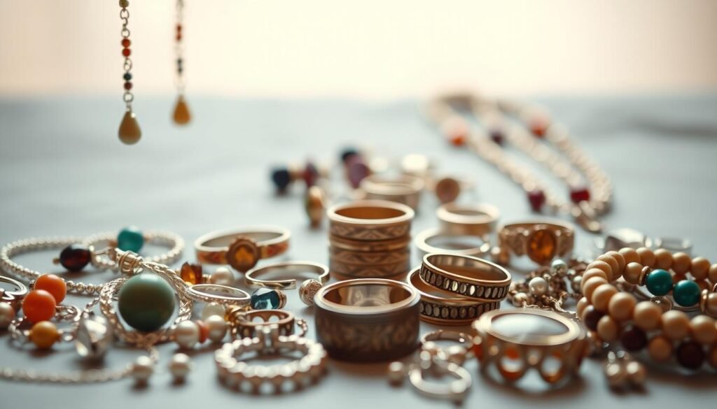 A delicate arrangement of handcrafted jewelry pieces, meticulously crafted with an eye for detail. In the foreground, a selection of earrings, necklaces, and bracelets made with a variety of materials - from polished gemstones and delicate metals to intricate beadwork and natural elements. The middle ground features a display of rings, some simple and minimalist, others adorned with intricate patterns. In the background, a soft, diffused lighting creates a warm, inviting atmosphere, highlighting the unique textures and colors of the handmade creations. The overall composition conveys a sense of artisanal elegance and personal expression, perfect for adding a touch of personalized style to any outfit.