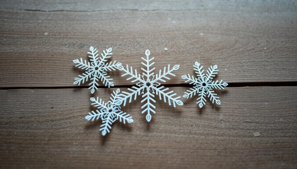 A delicate arrangement of intricate snowflakes resting atop a rustic wooden table, casting a mesmerizing display of crystalline patterns. The snowflakes, delicately crafted and positioned, create a visually stunning centerpiece, perfect for a cozy winter-themed home decor. Soft, diffused lighting from above illuminates the scene, highlighting the intricate details and casting gentle shadows that add depth and dimension. The table's weathered surface provides a natural, organic backdrop, complementing the ethereal beauty of the snowflakes. This enchanting tableau evokes a sense of serene winter wonder, inviting onlookers to pause and appreciate the simple elegance of a handcrafted winter-inspired table decoration. A delicate arrangement of intricate snowflakes resting atop a rustic wooden table, casting a mesmerizing display of crystalline patterns. The snowflakes, delicately crafted and positioned, create a visually stunning centerpiece, perfect for a cozy winter-themed home decor. Soft, diffused lighting from above illuminates the scene, highlighting the intricate details and casting gentle shadows that add depth and dimension. The table's weathered surface provides a natural, organic backdrop, complementing the ethereal beauty of the snowflakes. This enchanting tableau evokes a sense of serene winter wonder, inviting onlookers to pause and appreciate the simple elegance of a handcrafted winter-inspired table decoration.