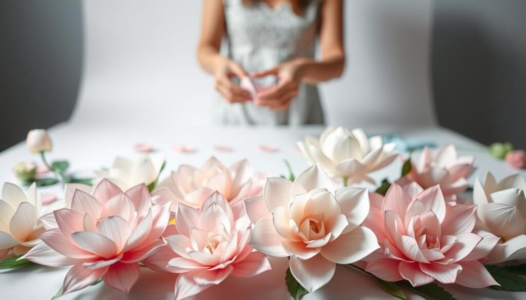 A delicate arrangement of paper flowers in various stages of crafting, captured in a well-lit studio setting. The foreground showcases intricate paper petals in a spectrum of pastel hues, each meticulously folded and shaped. In the middle ground, a skilled artisan's hands deftly manipulate paper into organic, lifelike forms, while the background features a minimalist backdrop, allowing the focus to remain on the captivating process of paper flower creation. Soft, diffused lighting illuminates the scene, casting gentle shadows and highlighting the delicate textures of the paper medium. The overall mood is one of peaceful focus and the joy of handcrafted, eco-conscious floral art.
