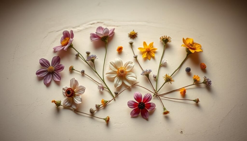 A delicate arrangement of pressed flowers embedded in a smooth clay surface, illuminated by soft, diffused lighting. The flowers, meticulously preserved, showcase their vibrant hues and intricate details, creating a natural, organic texture. The clay backdrop, molded with care, provides a neutral canvas that allows the pressed blooms to take center stage. Captured from a slightly elevated angle, the composition highlights the depth and dimension of the piece, inviting the viewer to appreciate the harmonious blend of natural and handcrafted elements. An air of tranquility and timelessness permeates the scene, reflecting the beauty and artistry of this preserved floral creation.