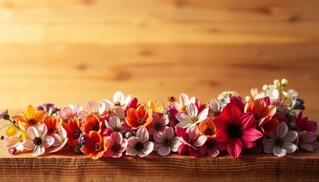 A delicate arrangement of pressed flowers, meticulously curated and artfully displayed on a wooden surface. The foreground showcases a harmonious blend of vibrant petals, their colors softened and preserved, arranged in a visually captivating pattern. The middle ground features subtle shadows and highlights, emphasizing the three-dimensional texture of the flowers. The background is a warm, natural wooden backdrop, providing a rustic and inviting atmosphere. Diffused, warm lighting casts a gentle glow, illuminating the intricate details of the pressed flowers. The overall composition radiates a sense of tranquility and timeless beauty, perfectly capturing the essence of creating a stunning pressed flower frame.