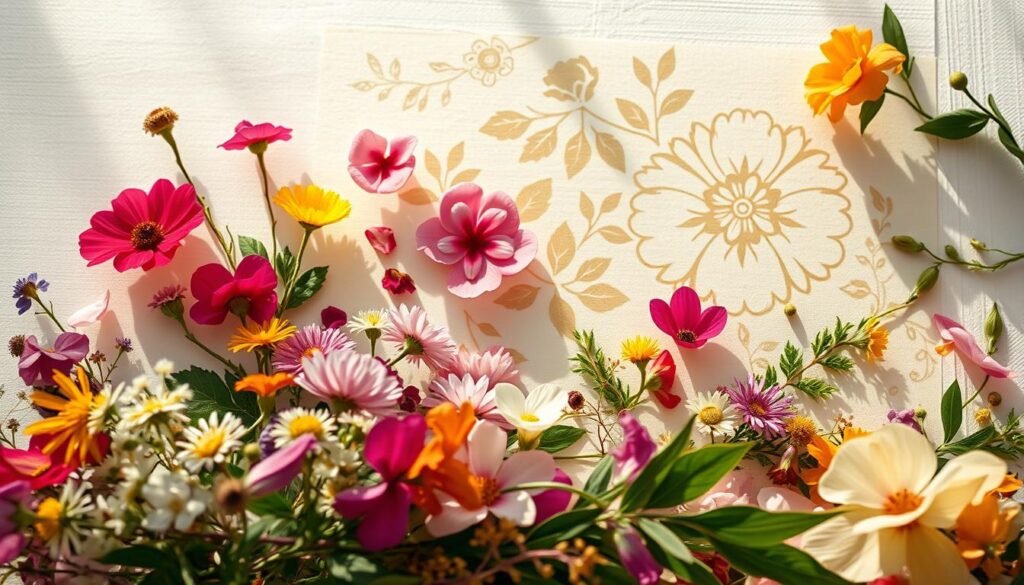 A delicate arrangement of vibrant flowers, petals, and leaves artfully composed against a soft, ethereal background. In the foreground, an array of pressed blooms, from delicate wildflowers to lush peonies, are elegantly displayed. The middle ground showcases intricate floral stencils, their intricate patterns casting gentle shadows. In the background, a hazy, sun-dappled setting evokes a serene, natural ambiance, complementing the organic, handcrafted feel of the floral projects. Warm, diffused lighting accentuates the textures and colors, creating a sense of tranquility and creative inspiration.