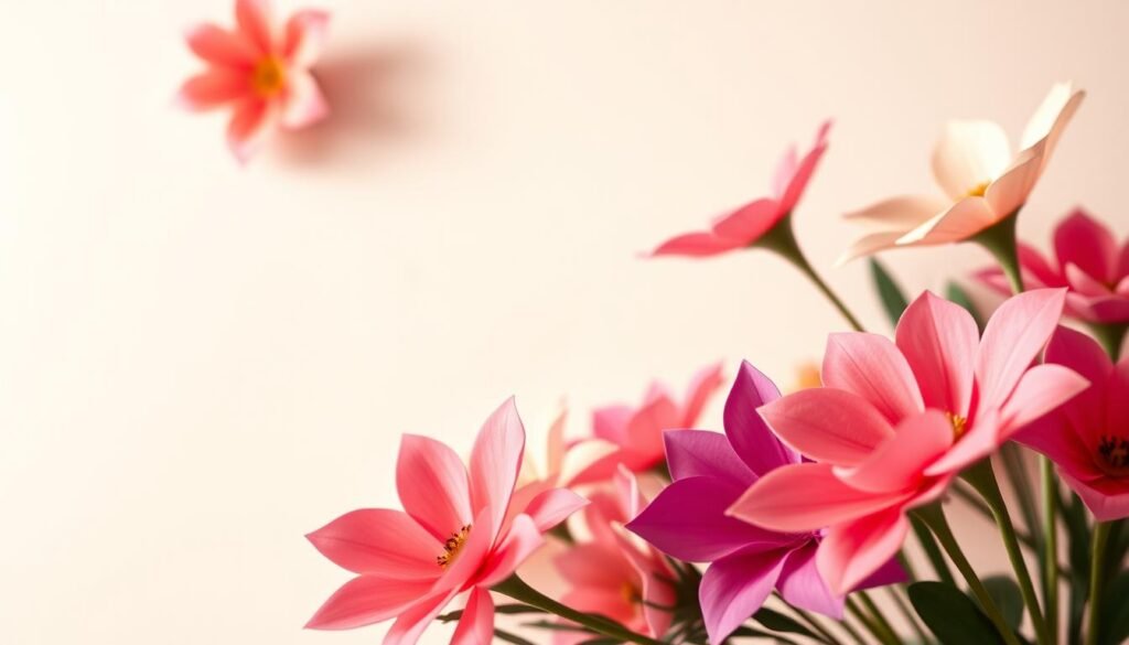 A delicate arrangement of vibrant paper flowers in the foreground, their petals softly illuminated by a warm, natural lighting. The flowers are presented in an aesthetically pleasing, tutorial-style composition, inviting the viewer to imagine crafting them step-by-step. In the middle ground, a clean, minimalist background in a muted, pastel color palette provides a serene, uncluttered setting to showcase the floral project. The overall mood is one of simplicity, creativity, and approachability, suitable for a beginner-friendly DIY tutorial on paper and floral crafts.