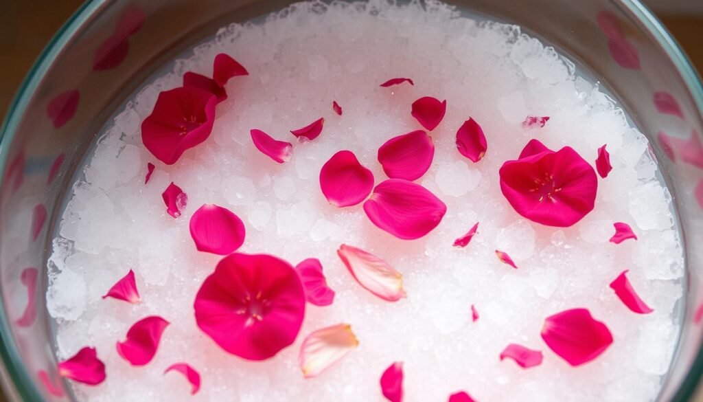 A delicate arrangement of vibrant rose petals gently floating in a glass container filled with shimmering, translucent bath salts. The petals are scattered throughout, creating a visually striking and soothing display. Soft, diffused lighting from above casts a warm, inviting glow, highlighting the intricate textures and natural hues of the rose petals and salt crystals. The scene evokes a sense of tranquility and luxury, perfectly capturing the essence of a DIY home spa experience with rose petal bath salts.