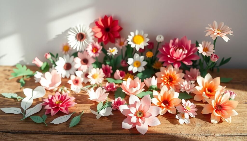 A delicate array of intricate paper flower crafts, meticulously arranged on a rustic wooden surface. Soft, natural lighting casts gentle shadows, highlighting the intricate folds and vibrant hues of the blooms. In the foreground, a selection of hand-cut petals, leaves, and stems in various stages of completion, inviting the viewer to imagine the creative process. The middle ground showcases fully assembled paper flowers in a range of styles, from delicate daisies to bold, sculptural blossoms. In the background, a simple, uncluttered backdrop allows the vibrant colors and textures of the crafts to take center stage, creating a serene and inspiring atmosphere.