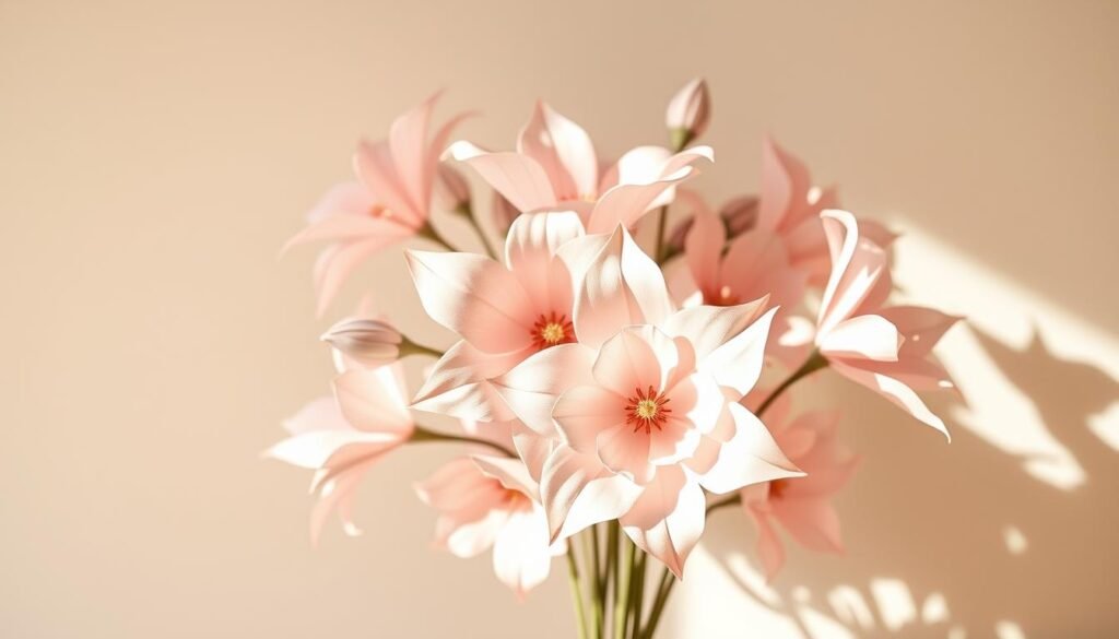 A delicate bouquet of paper flowers, meticulously crafted with intricate folds and precise creases. The petals, in a soft pastel palette, curl and sway as if caught in a gentle breeze. The arrangement is showcased against a clean, minimalist background, allowing the floral designs to take center stage. Warm, natural lighting casts subtle shadows, highlighting the depth and dimensionality of the paper blooms. The overall composition evokes a sense of tranquility and artisanal charm, perfectly suited for a display of stylish paper craft projects.