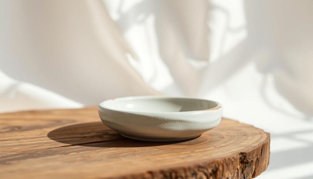 A delicate ceramic jewelry dish, subtly textured with a matte finish, rests on a rustic wooden surface. The dish is placed in a bright, airy studio setting, bathed in soft, natural lighting that casts gentle shadows. In the background, a neutral-toned fabric or backdrop complements the earthy tones of the dish, creating a serene and minimalist composition. The overall mood is one of elegance and simplicity, showcasing the beauty and functionality of this handcrafted item as a chic, grown-up DIY decor piece.