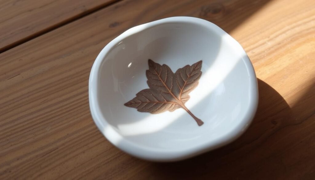 A delicate, hand-crafted ceramic jewelry dish, its surface gently imprinted with the veined details of a real fallen leaf. The dish rests on a rustic wood surface, bathed in soft, natural lighting that accentuates the organic textures and muted, earthy tones. The leaf imprint stands out in subtle relief, creating a beautiful, minimalist design that seamlessly blends nature and functionality. The dish's simple, elegant form invites the viewer to imagine it displayed on a bedroom dresser or side table, offering a serene, nature-inspired backdrop for treasured jewelry pieces. A delicate, hand-crafted ceramic jewelry dish, its surface gently imprinted with the veined details of a real fallen leaf. The dish rests on a rustic wood surface, bathed in soft, natural lighting that accentuates the organic textures and muted, earthy tones. The leaf imprint stands out in subtle relief, creating a beautiful, minimalist design that seamlessly blends nature and functionality. The dish's simple, elegant form invites the viewer to imagine it displayed on a bedroom dresser or side table, offering a serene, nature-inspired backdrop for treasured jewelry pieces.