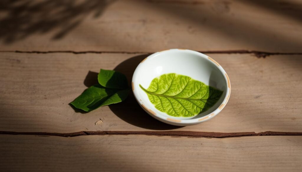 A delicate, handcrafted jewelry dish sits on a rustic wooden surface, its surface adorned with the intricate imprint of a vibrant green leaf. The lighting is soft and diffused, casting gentle shadows that accentuate the natural textures and patterns. The dish is positioned against a backdrop of muted, earthy tones, creating a serene and calming atmosphere. The overall composition exudes a sense of simplicity, elegance, and a connection to the natural world, perfectly capturing the essence of a thoughtful, handmade DIY project.
