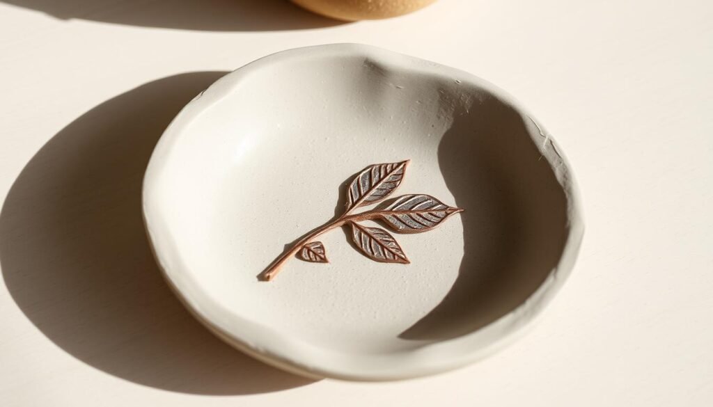 A delicate leaf imprint rests on the surface of a serene, clay jewelry dish. Subtle textures and muted tones evoke a sense of natural elegance. Soft, directional lighting casts gentle shadows, highlighting the intricate details of the imprint. The dish sits atop a clean, wooden surface, creating a simple, minimalist composition. This step-by-step tutorial showcases a tranquil, handcrafted piece perfect for displaying delicate jewelry or small trinkets.