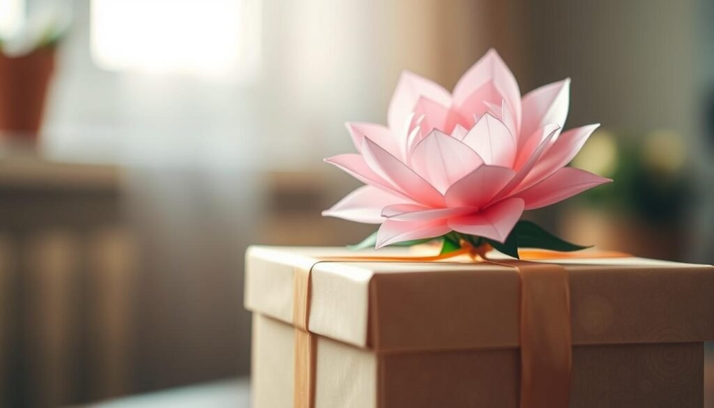 A delicate paper flower, its petals unfurling in soft shades of pastel pink, sits atop a neatly wrapped gift box. The lighting is warm and natural, casting a gentle glow across the scene. The flower is captured in sharp focus, drawing the eye to its intricate details, while the background is softly blurred, creating a sense of depth and emphasizing the gift topper as the central point of interest. The overall composition conveys a sense of thoughtfulness, elegance, and the handcrafted charm of a homemade gift.