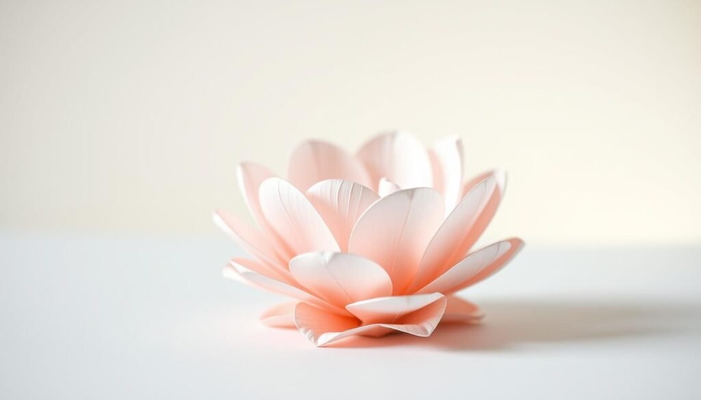A delicate paper flower tutorial, captured in a soft, natural light. A detailed close-up view showcases the intricate folds and curves of the petals, their edges gently curled and textured. The flower sits atop a clean, minimalist surface, accentuating its elegant simplicity. Surrounding the focal point, a subtle, hazy background creates a serene, contemplative atmosphere, inviting the viewer to appreciate the art of paper crafting. Captured with a shallow depth of field, the image emphasizes the delicate, handmade nature of the paper bloom, drawing the eye to its captivating, three-dimensional form.