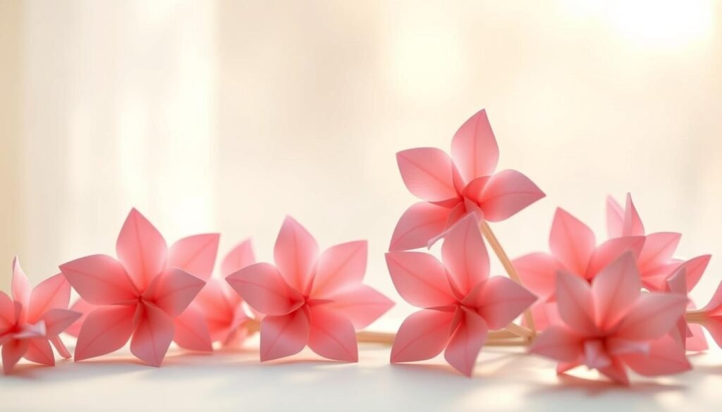 A delicate paper flower tutorial, showcasing a serene arrangement of origami blossoms against a soft, diffused backdrop. The flowers, crafted with meticulous folds and creases, appear to gently sway in a gentle breeze, their petals catching the warm, golden light that filters through an airy, sunlit setting. The scene evokes a sense of tranquility and creativity, inviting the viewer to explore the innovative possibilities of paper craft art.