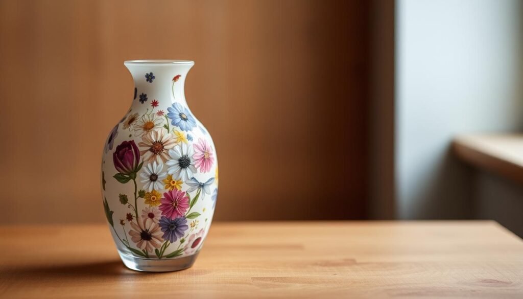 A delicate pressed flower decoupage vase, meticulously crafted, stands in the foreground. The vase's surface is adorned with a vibrant arrangement of delicate pressed flowers, their hues ranging from soft pastels to rich jewel tones. The vase is positioned on a wooden table, its natural grain providing a warm, rustic backdrop. Soft, diffused lighting from above casts a gentle glow, highlighting the intricate floral patterns and the vase's elegant silhouette. The overall scene exudes a sense of tranquility and thoughtful, handcrafted beauty, perfectly capturing the essence of the "Pressed Flower Decoupage: Breathing New Life into Vases" section.