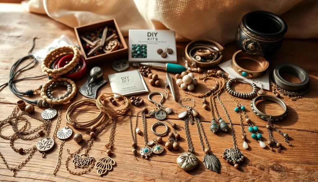 A delightful collection of handcrafted jewelry and accessories lay artfully arranged on a rustic wooden surface, bathed in soft, natural lighting. In the foreground, an array of intricate necklaces, bracelets, and earrings made with a variety of materials such as brass, beads, and gemstones. The middle ground features DIY kits, tools, and supplies, hinting at the creative process. In the background, a subtle texture of a linen or burlap fabric adds warmth and depth, complementing the organic, homemade aesthetic. The overall mood is one of creativity, craftsmanship, and the joy of making something unique and personal.