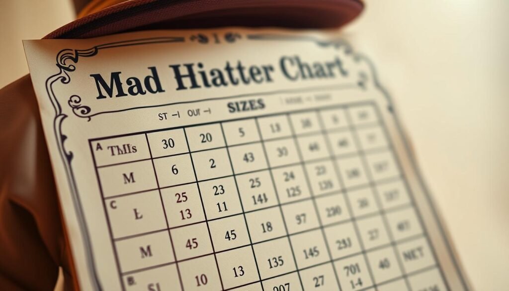 A detailed, close-up illustration of a vintage-style "Mad Hatter" costume size chart, showcased against a soft, pastel-toned background. The chart features various measurements and garment specifications, presented in a classic, hand-drawn aesthetic with muted colors and slight distressing to evoke a whimsical, storybook-inspired atmosphere. The layout is clean and organized, with the key sizing details prominently displayed. Warm, directional lighting creates depth and highlights the textural quality of the chart, while a slightly off-center camera angle adds a touch of playfulness to the composition.