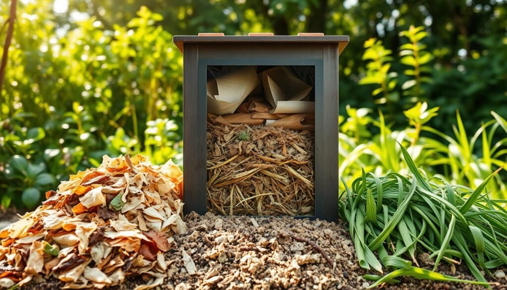 A detailed composition showcasing the essential composting materials and their ideal mixing ratios. In the foreground, an assortment of organic matter including food scraps, shredded paper, dry leaves, and grass clippings, each occupying a distinct section. In the middle ground, a compost bin with a transparent front panel, revealing the layered contents and the process of decomposition. The background features a lush, verdant garden setting, with sunlight filtering through the foliage, creating a warm, natural atmosphere. The lighting is soft and diffused, highlighting the textures and colors of the composting materials. The camera angle is positioned slightly above the scene, providing a comprehensive, educational view of the optimal composting setup.