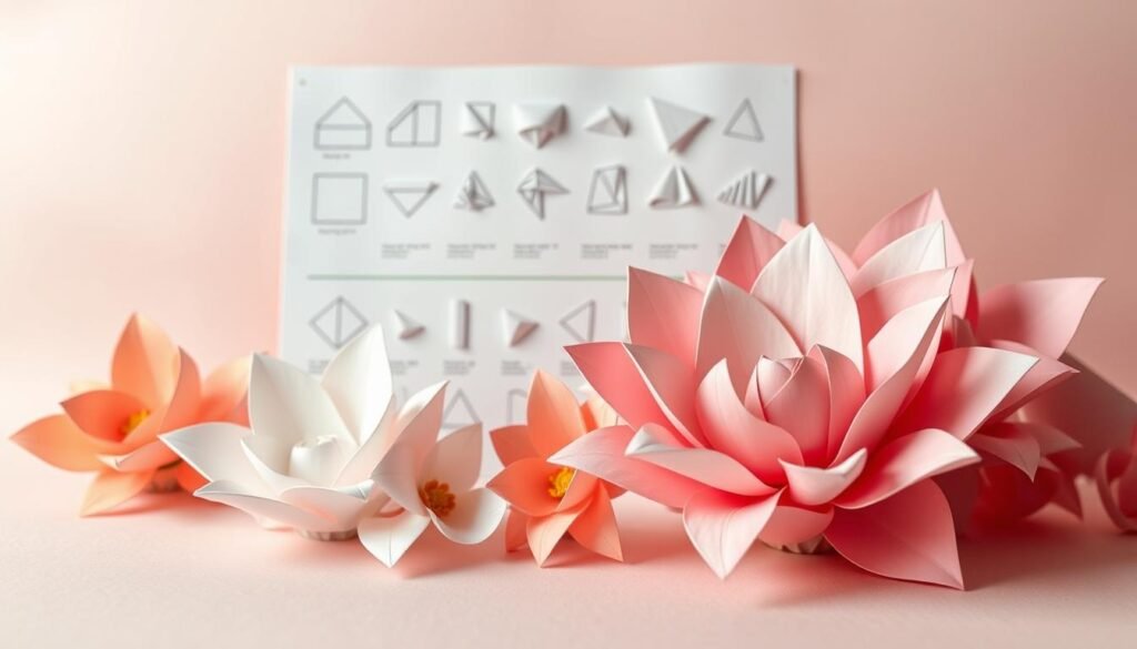 A detailed paper flower tutorial set against a soft, pastel background. In the foreground, delicately crafted paper petals in a variety of hues unfurl, their edges slightly curled, capturing the intricate folds and creases of handmade origami. The middle ground features a step-by-step demonstration, with carefully arranged paper elements and folding diagrams, guiding the viewer through the creative process. The background is a muted, ethereal backdrop, allowing the paper crafts to take center stage, exuding a sense of tranquility and artful expression. Warm, diffused lighting casts a gentle glow, highlighting the textures and dimensions of the paper, inviting the viewer to imagine themselves immersed in this captivating paper craft tutorial.