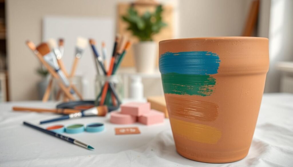 A detailed, step-by-step guide to painting a terracotta pot. In the foreground, a half-finished pot is seen, with brushstrokes of vibrant acrylic paints in shades of blue, green, and ochre. The middle ground showcases various painting tools - paintbrushes, sponges, and a palette of colors. In the background, a neutral, soft-focus studio setting, with natural lighting filtering in, creating a warm, artistic atmosphere. The overall mood is one of creativity, focus, and the joy of the artistic process.