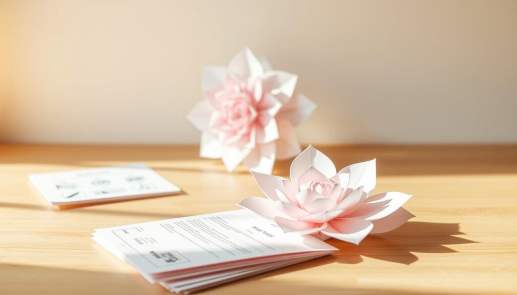 A detailed, step-by-step tutorial for creating a delicate paper flower, illuminated by warm, natural lighting. In the foreground, a stack of crisp, pastel-colored papers in various shades sits on a clean, wooden surface. Detailed instructions and diagrams are visible, guiding the viewer through the intricate folding, cutting, and assembly process. In the middle ground, a partially assembled paper flower takes shape, its intricate petals and center coming together seamlessly. The background features a minimalist, airy composition, allowing the focus to remain on the creative paper craft. An atmosphere of simplicity, elegance, and attention to detail pervades the scene, inspiring the viewer to embrace their own creativity.