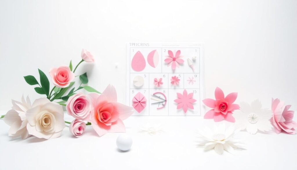 A detailed tutorial on how to craft delicate paper flowers, showcased in a well-lit, soft-focus scene. The foreground features a variety of paper flower types, such as roses, lilies, and daisies, arranged in a visually appealing composition. The middle ground displays the step-by-step process of shaping and assembling the paper petals, with a tactile, handcrafted feel. The background is a clean, minimalist setting, allowing the paper flowers to take center stage. The overall mood is one of tranquility, creativity, and the joy of DIY crafting, perfectly capturing the essence of the "DIY Paper Crafts and Scrapbooking Inspirations" section.