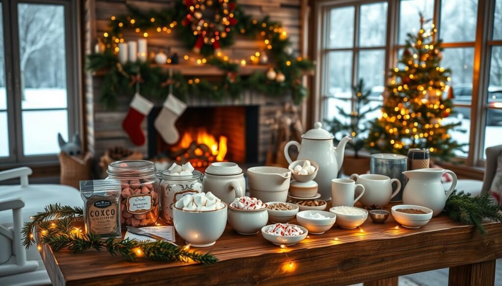 A festive cocoa station setup in a cozy winter wonderland. In the foreground, a rustic wooden table holds an array of gourmet cocoa mixes, marshmallows, crushed peppermint, and assorted toppings in charming ceramic bowls. Twinkling string lights and a garland of fresh evergreens adorn the station, creating a warm, inviting ambiance. In the middle ground, a crackling fireplace with a mantel decorated with stockings, pinecones, and holiday greenery sets the mood. The background features a snow-dusted landscape seen through large windows, with a hint of a sparkling Christmas tree in the corner. Soft, golden lighting illuminates the scene, evoking a sense of hygge and holiday cheer.