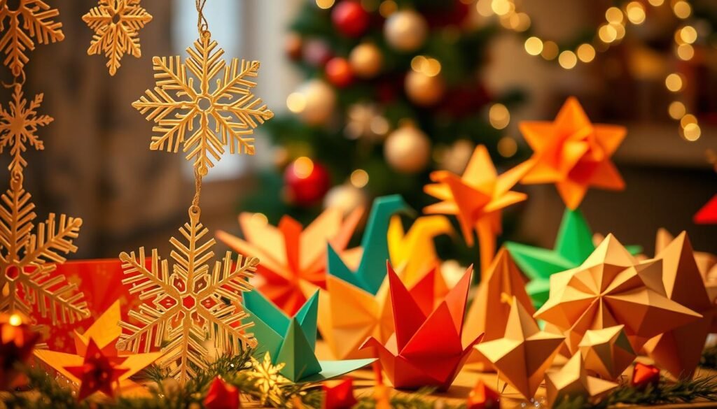A festive display of intricate paper crafts and origami creations, bathed in warm, soft lighting. In the foreground, delicate paper snowflakes, ornaments, and holiday-themed paper sculptures. In the middle ground, vibrant origami flowers, birds, and geometric shapes, their precise folds and crisp edges catching the light. The background features a subtle, blurred holiday scene, perhaps a decorated Christmas tree or garland, creating a cozy, atmospheric setting. The overall mood is one of handcrafted elegance, evoking the joy and creativity of DIY holiday paper projects.