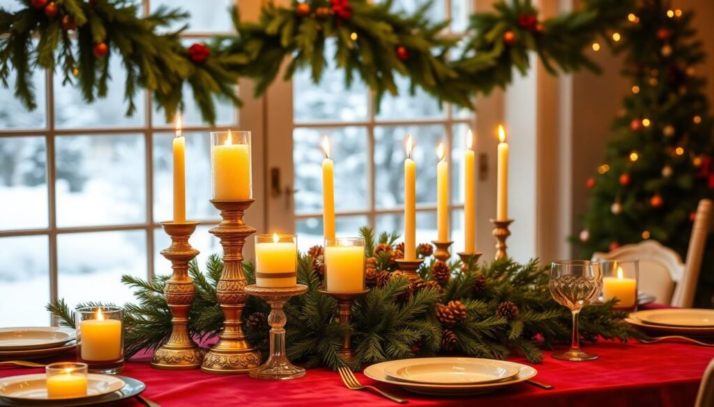 A festive holiday table with a centerpiece of flickering candles, surrounded by garlands of fresh evergreen sprigs and pinecones. In the foreground, a collection of ornate candlesticks and elegant taper candles cast a warm, golden glow. The middle ground features a tablecloth in a rich, jewel-toned color, complemented by delicate china plates and stemware. In the background, a window frames a snowy, winter landscape, adding to the cozy, inviting ambiance. The scene is lit by soft, diffused lighting, creating a sense of tranquility and holiday cheer.