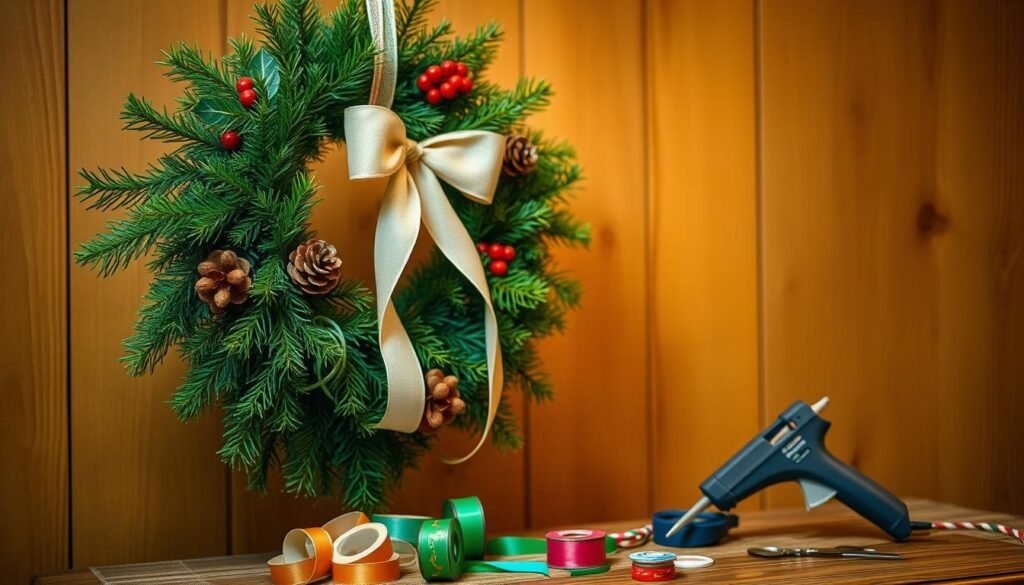 A festive holiday wreath hangs against a warm, cozy backdrop. The wreath is made of lush, verdant evergreen branches, accented with sprigs of holly, pine cones, and a delicate ribbon tied in a graceful bow. The lighting is soft and inviting, casting a gentle glow that highlights the intricate textures and colors of the materials. In the middle ground, a table displays an assortment of crafting supplies - spools of ribbon, scissors, and a glue gun - hinting at the DIY process behind creating this charming seasonal decoration. The overall atmosphere is one of rustic, homemade elegance, perfectly capturing the spirit of a handcrafted holiday wreath.