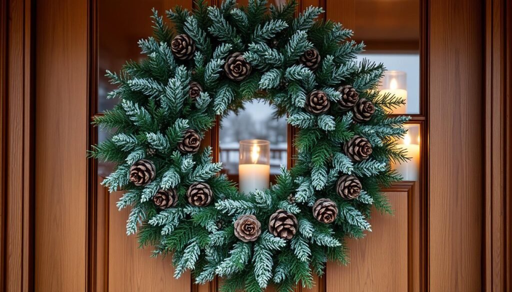 A festive winter wreath adorns a wooden front door, its delicate branches and pine cones glistening with a light dusting of snow. The wreath is composed of a mix of evergreen foliage, including fir, pine, and holly, creating a lush, textured composition. Warm candlelight flickers through the glass panes, casting a cozy glow and inviting guests into the home. The overall scene evokes a sense of holiday cheer and the welcoming ambiance of a winter wonderland. The wreath is carefully balanced, with a natural asymmetry that adds visual interest, and the lighting is soft and diffused, creating a sense of tranquility and serenity.