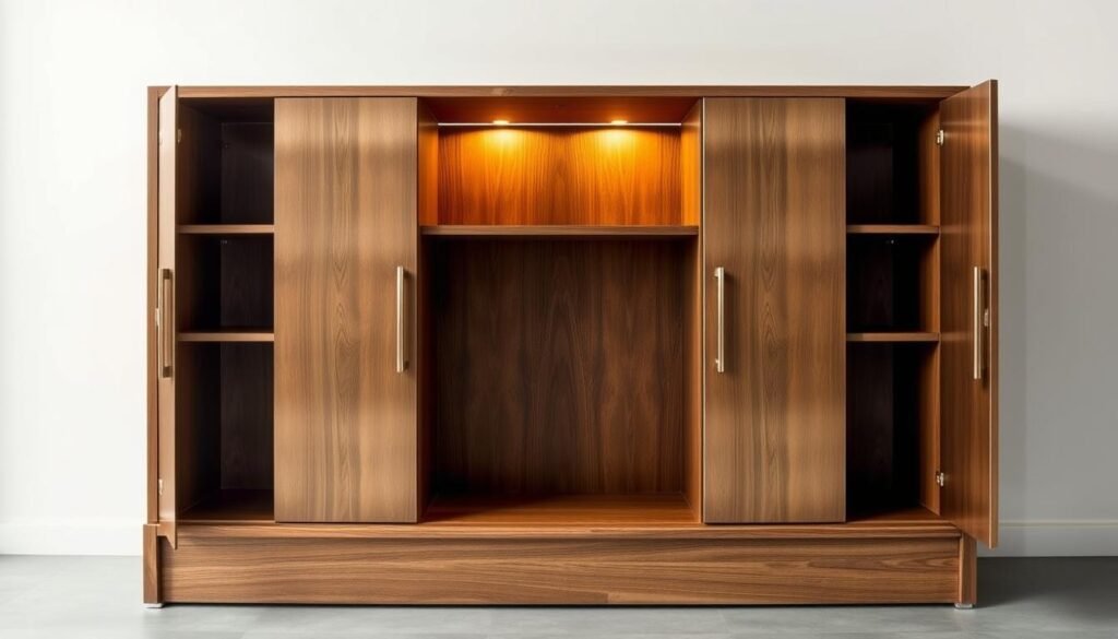 A finely crafted storage cabinet in a minimalist design, featuring a harmonious blend of engineered wood and brushed metal. The cabinet stands atop a clean, wooden base, its sleek, rectangular frame accentuated by gleaming metal accents that create a striking visual contrast. The middle compartment showcases the natural grain and warm tones of the wood, while the side compartments are enclosed by sturdy metal doors. Diffused, warm lighting casts a soft glow, highlighting the material textures and creating a cohesive, contemporary atmosphere. The overall composition exudes a sense of refined practicality and thoughtful design, perfectly suited for a modern, urban living space.