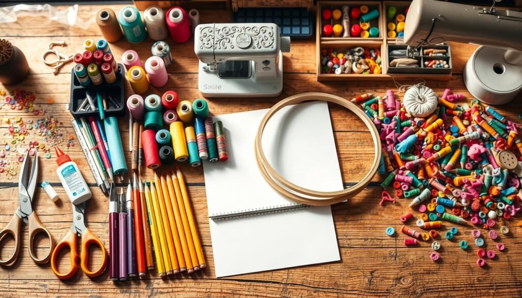 A flat-lay composition of essential crafting tools arranged neatly on a rustic wooden surface, bathed in warm, natural lighting. The foreground features a selection of high-quality scissors, glue sticks, colored pencils, and a sketchpad. In the middle ground, an assortment of colorful spools of thread, a sewing kit, and a pair of embroidery hoops. The background includes a vintage sewing machine, a collection of craft paints in various hues, and a handful of colorful buttons and beads. The overall scene conveys a sense of creativity, simplicity, and the joy of DIY crafting.