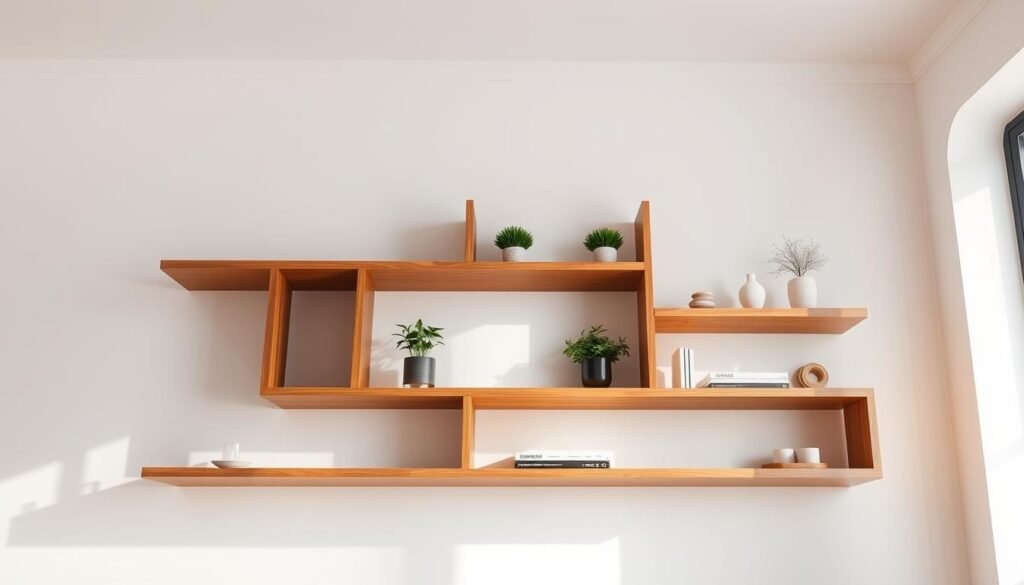 A floating wooden shelf organizer with sleek, minimalist design, suspended against a bright, airy backdrop. The shelf features several compartments and ledges, arranged in a harmonious, asymmetrical layout, perfect for displaying decorative items, plants, and small household objects. Warm, natural wood tones complement the clean white walls, creating a sense of balance and tranquility. Soft, diffused lighting from above casts gentle shadows, accentuating the depth and texture of the shelving unit. The camera angle is slightly elevated, providing a dynamic, showcasing perspective that highlights the innovative, space-saving storage solution.
