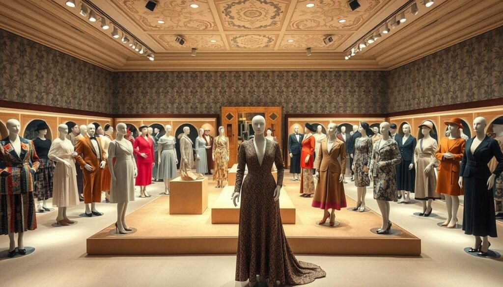 A grand fashion gallery showcasing the evolution of style through the decades. In the center, an elegant display of iconic outfits from the 1920s to the 2020s, each meticulously crafted with period-accurate details. The background features a vintage-inspired wallpaper pattern, with soft lighting casting a warm, nostalgic glow. In the foreground, elegant mannequins pose gracefully, highlighting the silhouettes and textures of the garments. The overall scene conveys a sense of timeless sophistication, inviting the viewer to embark on a captivating journey through the annals of fashion history. A grand fashion gallery showcasing the evolution of style through the decades. In the center, an elegant display of iconic outfits from the 1920s to the 2020s, each meticulously crafted with period-accurate details. The background features a vintage-inspired wallpaper pattern, with soft lighting casting a warm, nostalgic glow. In the foreground, elegant mannequins pose gracefully, highlighting the silhouettes and textures of the garments. The overall scene conveys a sense of timeless sophistication, inviting the viewer to embark on a captivating journey through the annals of fashion history.