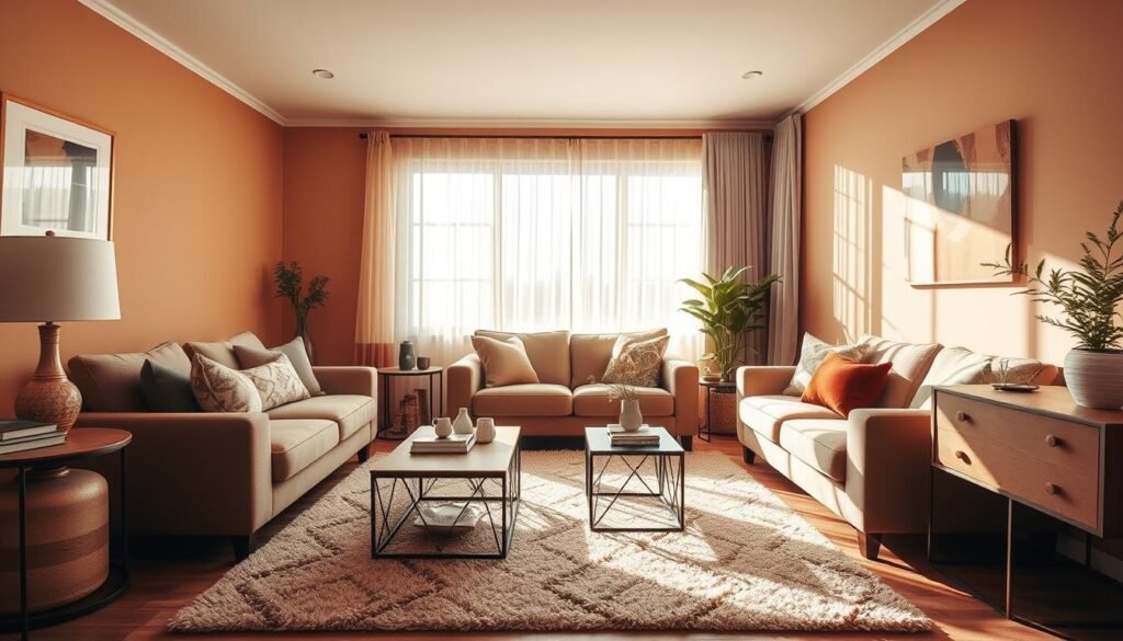 A harmonious color palette graces a cozy, well-appointed living room. The warm, earthy tones of the walls and furniture create a sense of comfort and sophistication. Sunlight filters through sheer curtains, casting a gentle glow over the space. A plush, textured rug grounds the scene, while thoughtfully placed decorative accents in complementary hues tie the entire design together. The overall effect is one of tranquility and balance, showcasing the beauty of a cohesive color scheme. A medium wide-angle lens captures the scene, emphasizing the room's depth and proportions.