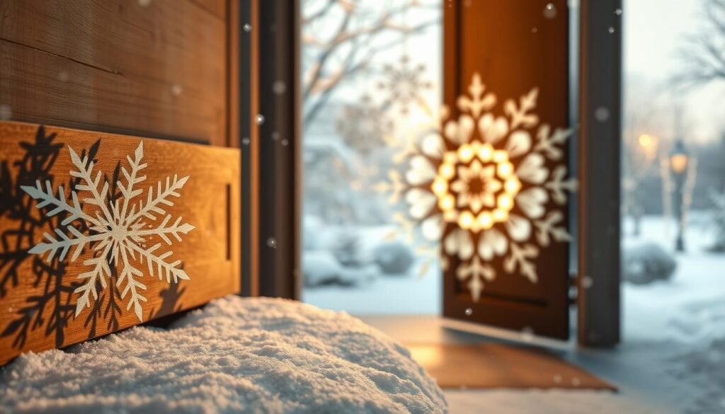 A laser-cut winter door decor featuring intricate snowflake patterns and a warm, cozy ambiance. In the foreground, delicate ice crystal silhouettes adorn a rustic wooden plaque, casting intricate shadows across the surface. The middle ground showcases a large, ornate snowflake design, its intricate cut-outs glowing softly against a backdrop of gentle snowfall. In the distance, a snow-covered winter landscape sets the scene, with a warm, golden light emanating from the doorway, inviting onlookers to step inside and experience the season's charm. Lighting is soft and diffused, creating a dreamy, enchanting atmosphere that captures the essence of a handcrafted, laser-cut winter wonderland. A laser-cut winter door decor featuring intricate snowflake patterns and a warm, cozy ambiance. In the foreground, delicate ice crystal silhouettes adorn a rustic wooden plaque, casting intricate shadows across the surface. The middle ground showcases a large, ornate snowflake design, its intricate cut-outs glowing softly against a backdrop of gentle snowfall. In the distance, a snow-covered winter landscape sets the scene, with a warm, golden light emanating from the doorway, inviting onlookers to step inside and experience the season's charm. Lighting is soft and diffused, creating a dreamy, enchanting atmosphere that captures the essence of a handcrafted, laser-cut winter wonderland.